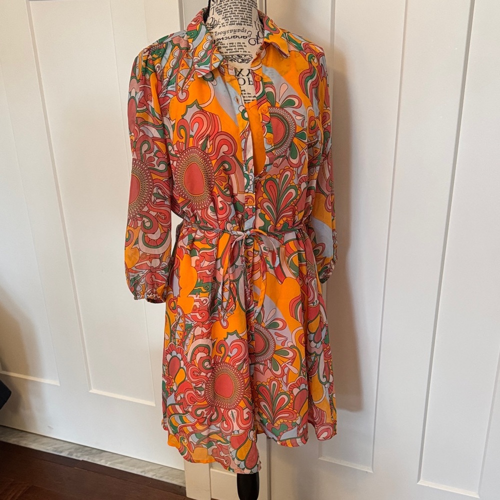 Bright Orange Floral Tie-Waist Long Sleeve Shirt Dress